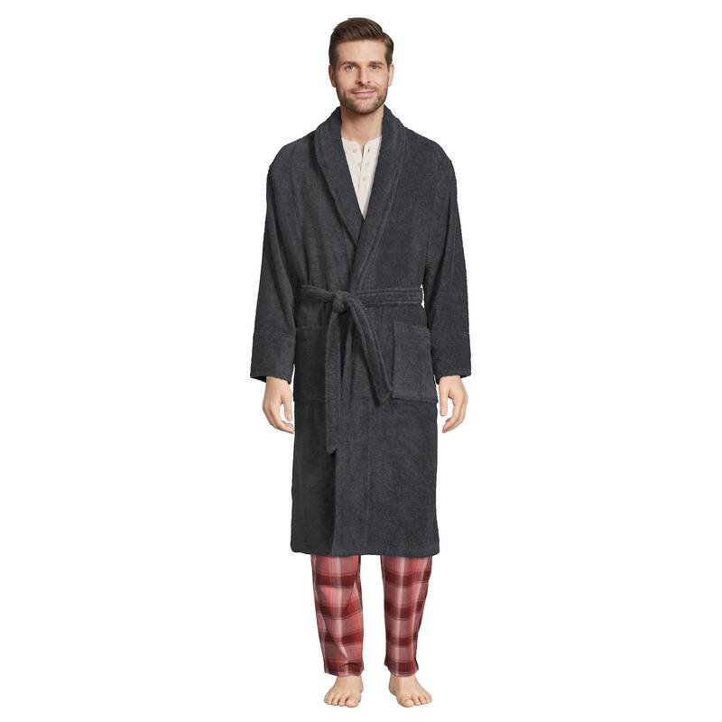 ランズ挙げ句の果て レディース アンダーお召しもの ナイト爵お召しもの パイル Men\u0027s Lands\u0027 End Calf-Length Turkish Terry Robe Charcoal 濃灰色