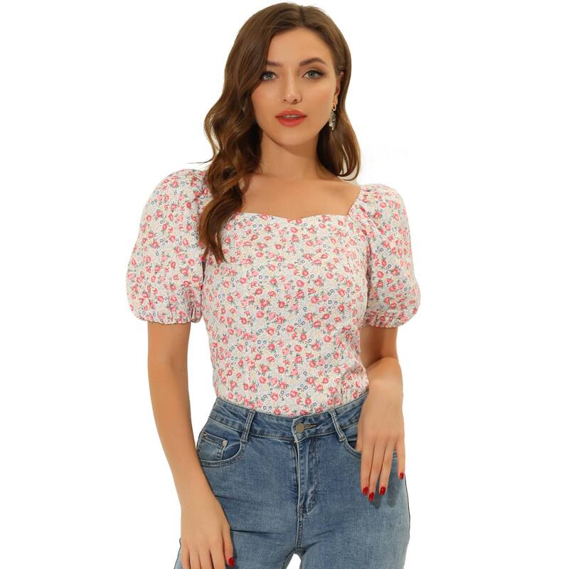 アレグラ ケー レディース トップス シャツ フラワー柄 ブラウス フラワー ALLEGRA K Women'sleeve Square Neck Peasant Floral Blouse Top White Red ホワイト｜ReVida 店