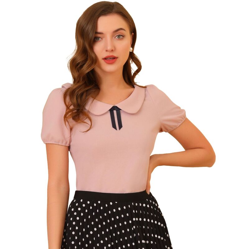 アレグラ ケー レディース トップス シャツ ブラウス ALLEGRA K Women Bow Neck Solid Short Sleeve Peter Pan Collar Blouse Pink ピンク