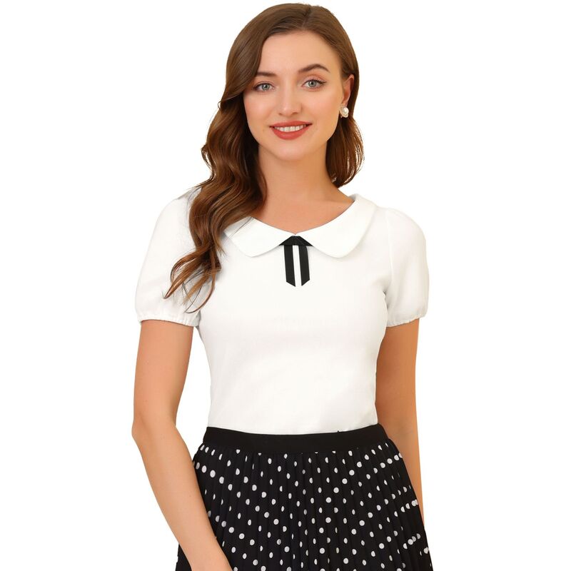 アレグラ ケー レディース トップス シャツ ブラウス ALLEGRA K Women Bow Neck Solid Short Sleeve Peter Pan Collar Blouse White ホワイト