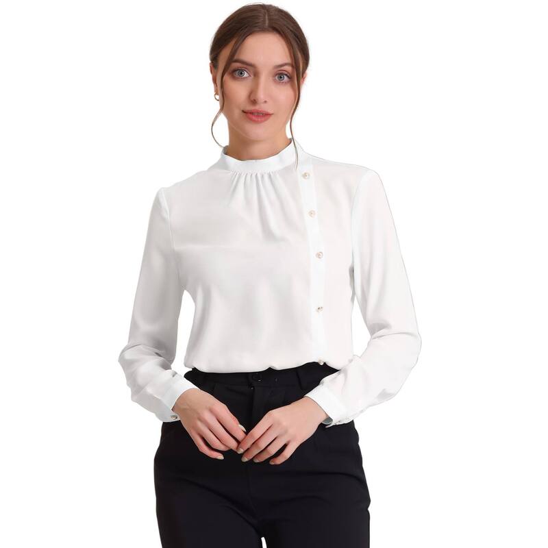 アレグラ ケー レディース トップス シャツ ブラウス ALLEGRA K Office Shirts For Women's Elegant Stand Collar Long Sleeve Blouse White ホワイト