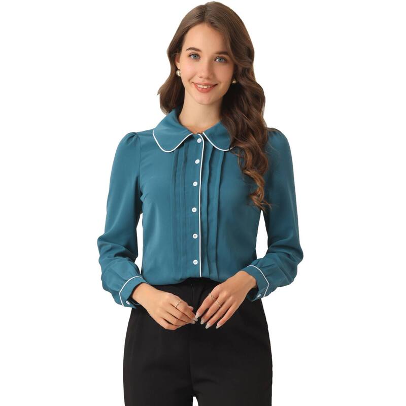 アレグラ ケー レディース トップス シャツ ボタンダウン ブラウス ALLEGRA K Women Peter Pan Collar Work Blouse Button Down Shirt Blue Green ブルー