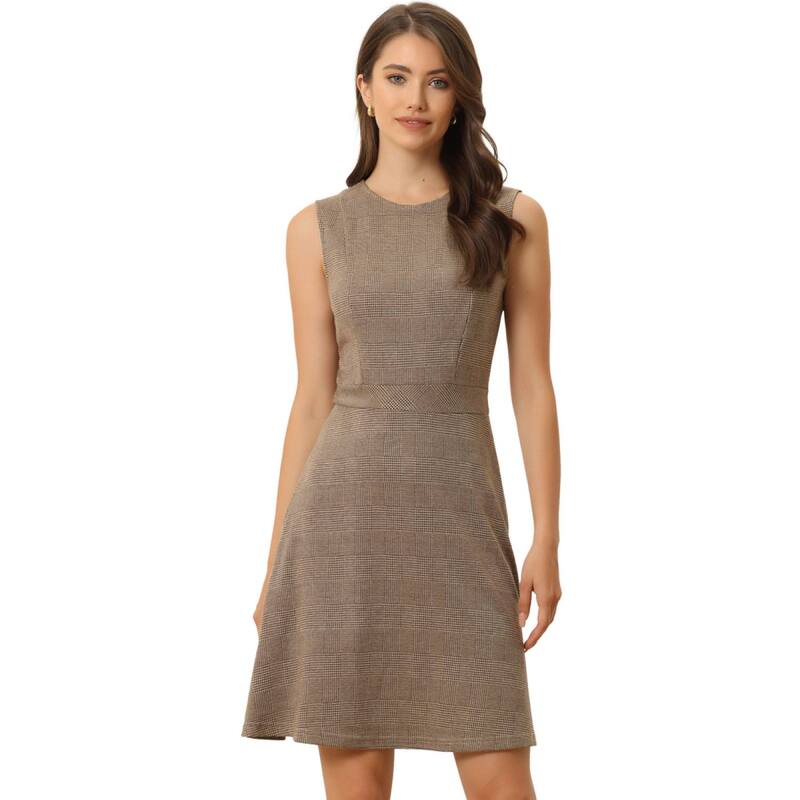 アレグラ ケー レディース トップス ワンピース ノースリーブ ALLEGRA K Women's Houndstooth Plaid Above Knee Sleeveless Fit and Flare Dress Brown Apricot アプリコット｜ReVida 店