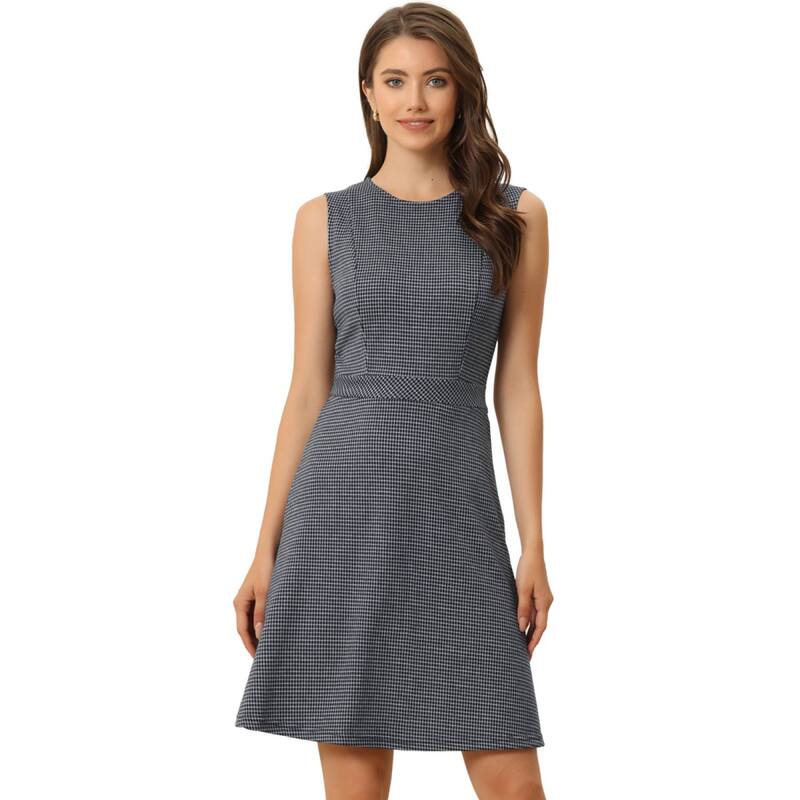 アレグラ ケー レディース トップス ワンピース ノースリーブ ALLEGRA K Women's Houndstooth Plaid Above Knee Sleeveless Fit and Flare Dress Navy Blue ネイビー｜ReVida 店