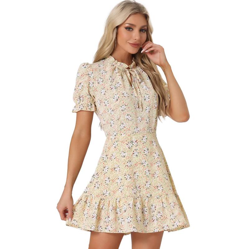 アレグラ ケー レディース トップス ワンピース シフォン フラワー柄 フリル フラワー ALLEGRA K Women\'s Ruffle Floral Bow Tie Chiffon Short Sleeve Fit & Flare Dress Apricot White ホワイト|ReVida 店