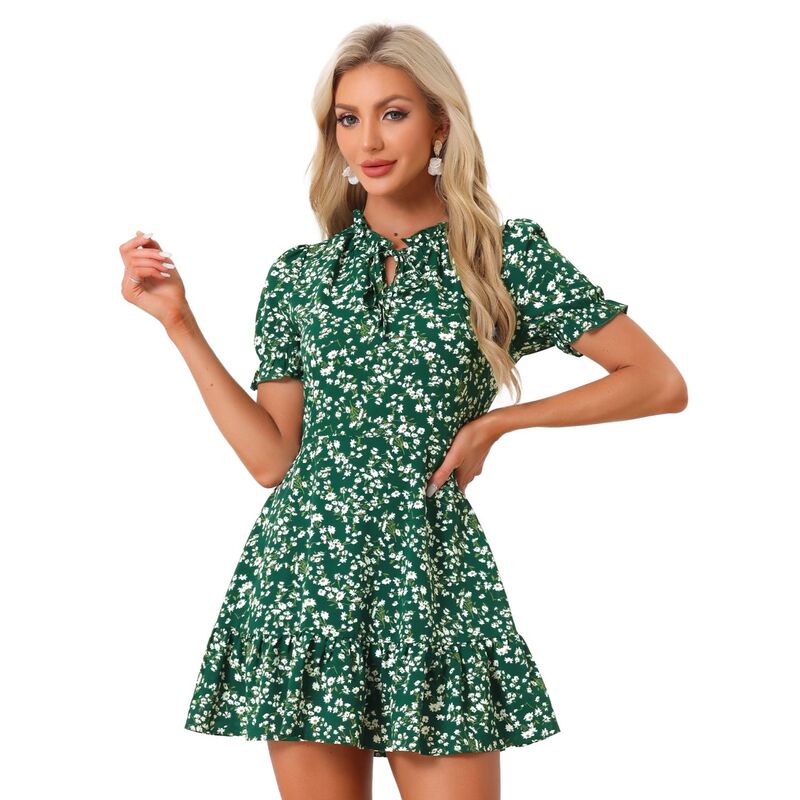 アレグラ ケー レディース トップス ワンピース シフォン フラワー柄 フリル フラワー ALLEGRA K Women's Ruffle Floral Bow Tie Chiffon Short Sleeve Fit & Flare Dress Green White ホワイト