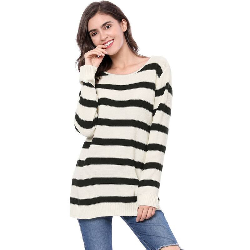 アレグラ ケー レディース トップス Tシャツ ドロップショルダー セーター ALLEGRA K Women's Round Neck Long Sleeves Drop Shoulder Loose Striped Tunic Sweater White ホワイト