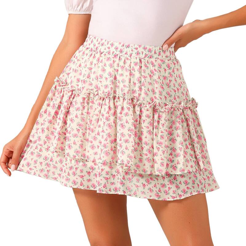 アレグラ ケー レディース ボトムスカート A ライン ハイウエスト フラワー柄 ミニ フラワー ALLEGRA K Women's Floral Elastic High Waist A-Line Mini Short Skirts Beige Pink ピンク