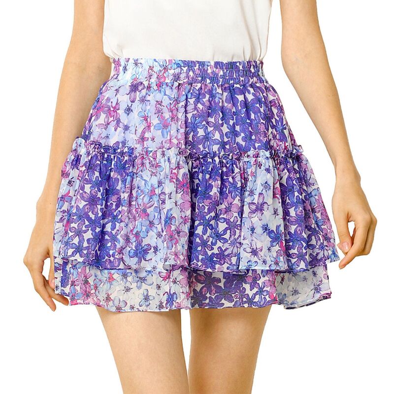 アレグラ ケー レディース ボトムスカート A ライン ハイウエスト フラワー柄 ミニ フラワー ALLEGRA K Women's Floral Elastic High Waist A-Line Mini Short Skirts Purple パープル