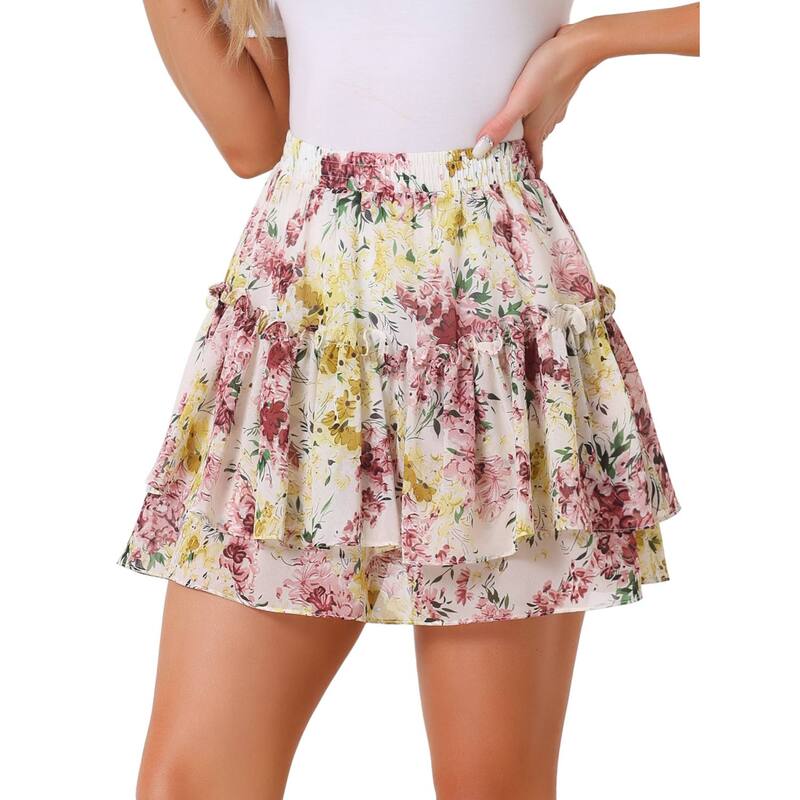 アレグラ ケー レディース ボトムスカート A ライン ハイウエスト フラワー柄 ミニ フラワー ALLEGRA K Women's Floral Elastic High Waist A-Line Mini Short Skirts White ホワイト
