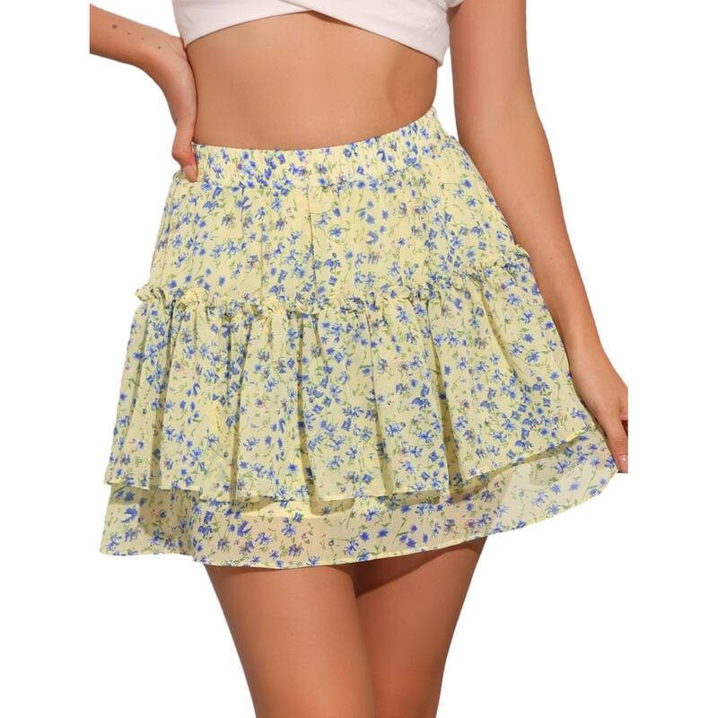 アレグラ ケー レディース ボトムスカート A ライン ハイウエスト フラワー柄 ミニ フラワー ALLEGRA K Women's Floral Elastic High Waist A-Line Mini Short Skirts Yellow Blue ブルー|ReVida 店