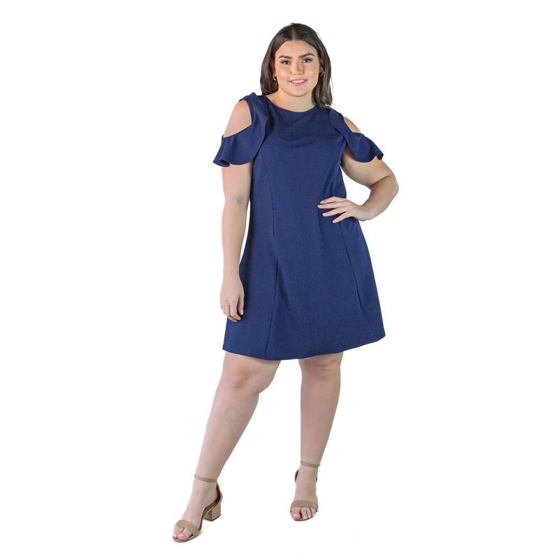 24 セブンコンフォート レディース トップス ワンピース A ライン プラスサイズ フリル Plusize 24Seven Comfort Apparel Ruffle Cold Shoulder A-Line Dress Navy ネイビー
