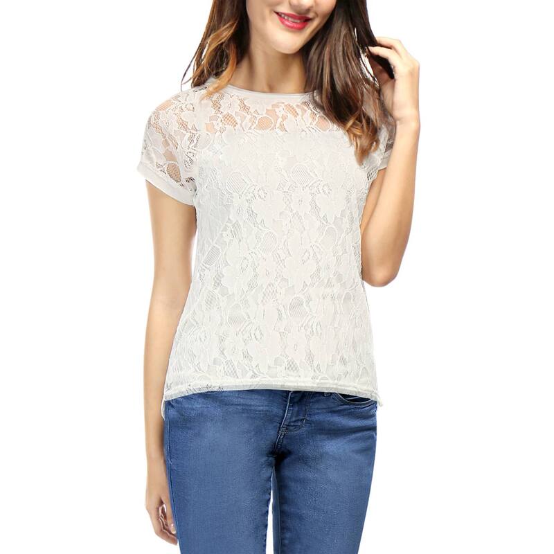アレグラ ケー レディース トップス シャツ フラワー柄 シアー レース フラワー ALLEGRA K Women's Casual Sheer Short Sleeves Floralace Top White ホワイト