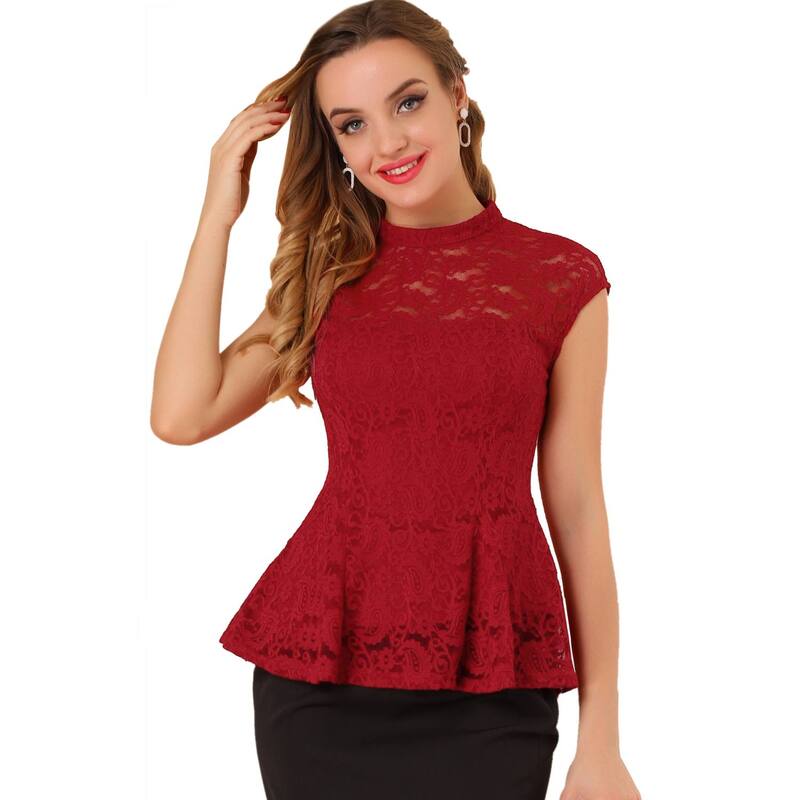 アレグラ ケー レディース トップス シャツ フラワー柄 ノースリーブラウス レース フラワー ALLEGRA K Women's Lace Floral Crochet Round Neck Sleeveless Peplum Blouse Top Red レッド