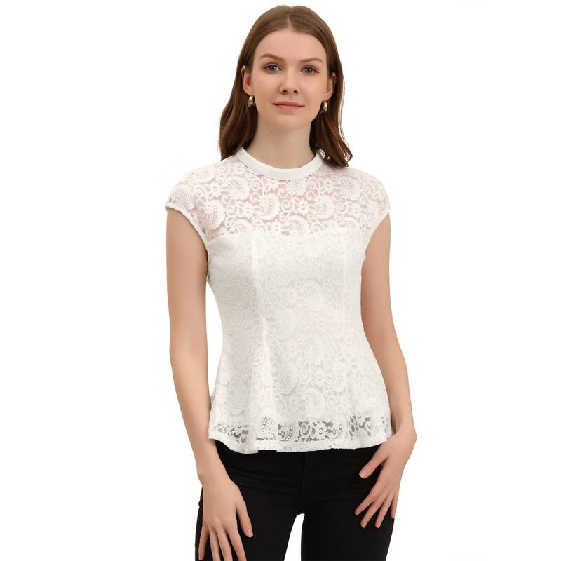 アレグラ ケー レディース トップス シャツ フラワー柄 ノースリーブラウス レース フラワー ALLEGRA K Women's Lace Floral Crochet Round Neck Sleeveless Peplum Blouse Top White ホワイト｜ReVida 店