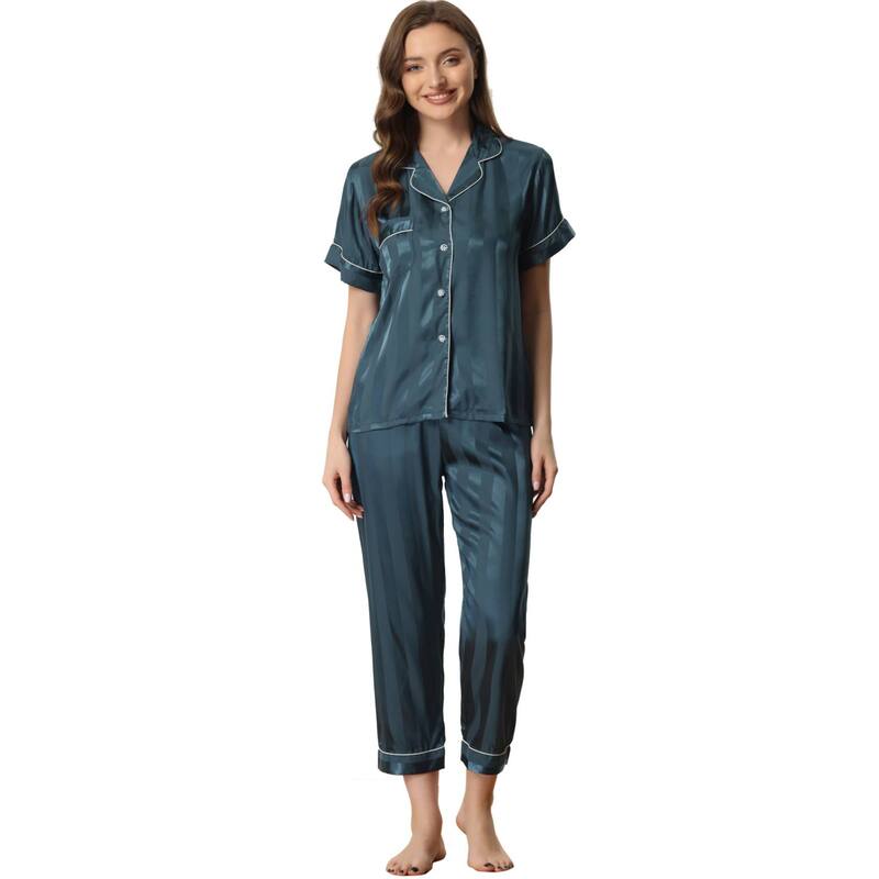 cheibear レディース アンダーウェア ナイトウェア ボタンダウン パンツ シャツ サテン ダウン cheibear Women'satin Button Down Short Sleeve Shirt and Long Pants Pajama Set Blue ブルー