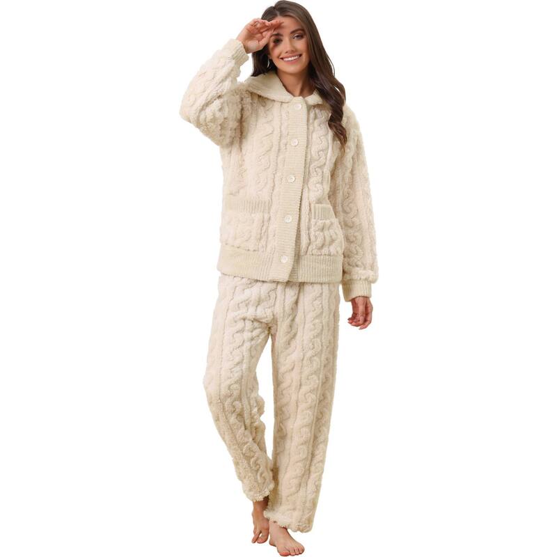 cheibear レディース アンダーウェア ナイトウェア ボタンダウン フリース cheibear Women's Fluffy Fleece Pajama Set Soft Warm Pockets Button Down Long Sleeve Sleepwear Beige ベージュ 12,935円