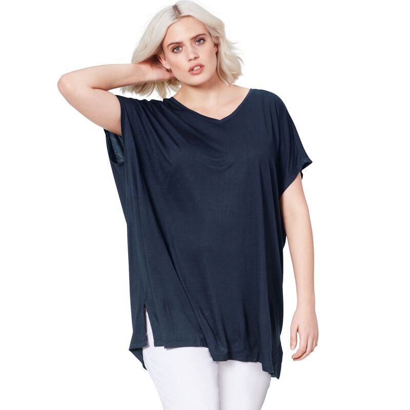 Ellos レディース トップス Tシャツ プラスサイズ ニット ellos Plusize Stretch Knit Scoop Neck Oversized Tunic Rich Navy ネイビー|ReVida 店