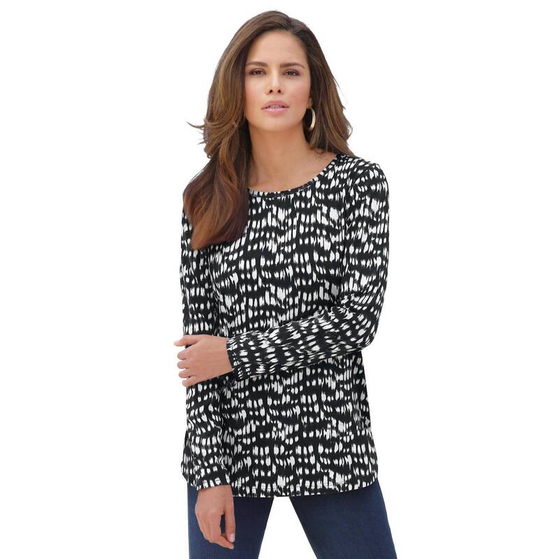 ロアマンズ レディース トップス Tシャツ クルーネック プラスサイズ コットン Roaman's Women's Plusize Cotton Ultimate Long Sleeve Crewneck Tee Black Ikatexture ブラック｜ReVida 店