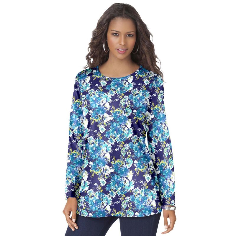 ロアマンズ レディース トップス Tシャツ クルーネック プラスサイズ コットン Roaman's Women's Plusize Cotton Ultimate Long Sleeve Crewneck Tee Navy Watercolor ネイビー 9,360円
