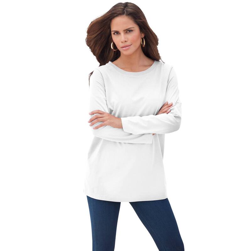 ロアマンズ レディース トップス Tシャツ クルーネック プラスサイズ コットン Roaman's Women's Plusize Cotton Ultimate Long Sleeve Crewneck Tee White ホワイト