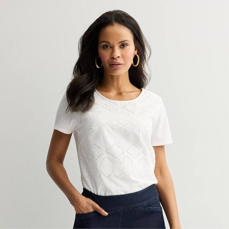 クロフト＆バロー レディース トップス Tシャツ オーバーレイ ニット Women's Croft & Barrow Knitee With Eyelet Overlay Bright White ホワイト