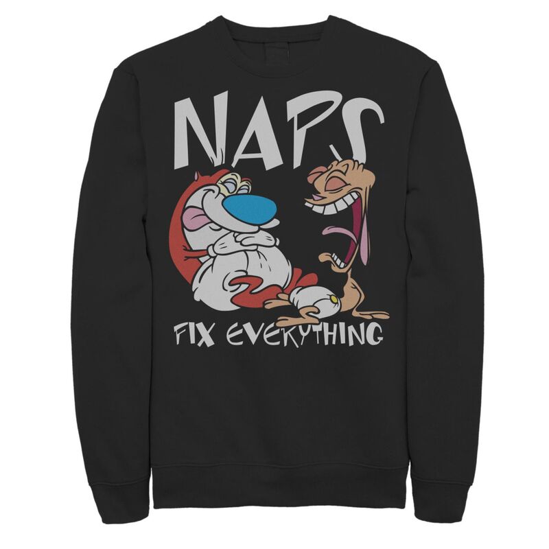 アニメキャラクター レディース トップス Tシャツ フリース Licensed Character Men's Ren & Stimpy Naps Fix Everything Portrait Fleece Black ブラック