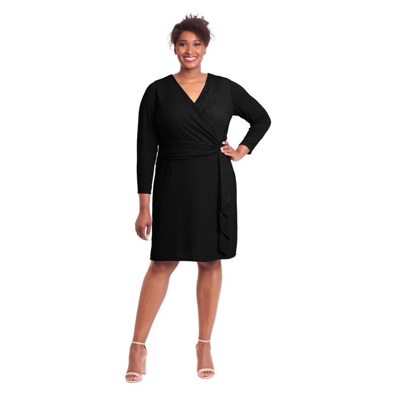 ロンドンタイムス レディース トップス ワンピース プラスサイズ Plusize London Timeshirred Surplice Side Flounce Long Sleeve Dress Black ブラック