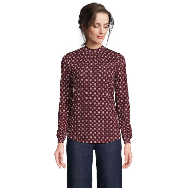 ランズエンド レディース トップス Tシャツ モックネック Women's Lands' End Gathered Mockneck Top Burgundy Geo バーガンディ|ReVida 店