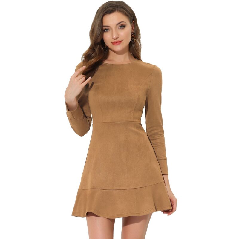 アレグラ ケー レディース トップス ワンピース クルーネック フリル ミニ スエード ALLEGRA K Women's Faux Suede Crew Neck Long Sleeve Zipperuffled Hemini Dress Brown ブラウン