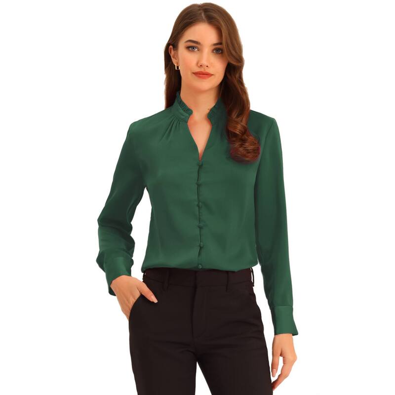 アレグラ ケー レディース トップス シャツ フリル サテン ブラウス ALLEGRA K Women's Ruffled Stand Collar Shirt Long Sleeve Button Elegant Satin Blouse Dark Green グリーン