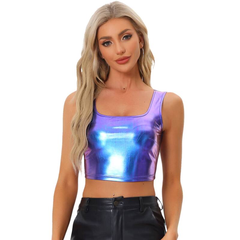 アレグラ ケー レディース トップス Tシャツ トール ノースリーブ ALLEGRA K Women's U Neck Sleeveless Party Clubwear Shiny Metallicrop Top Blue Purple ブルー｜ReVida 店 7,336円