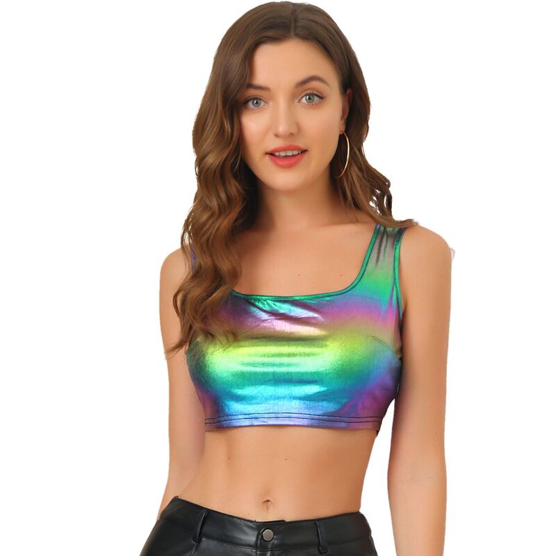 アレグラ ケー レディース トップス Tシャツ トール ノースリーブ ALLEGRA K Women's U Neck Sleeveless Party Clubwear Shiny Metallicrop Top Dark Purple パープル|ReVida 店