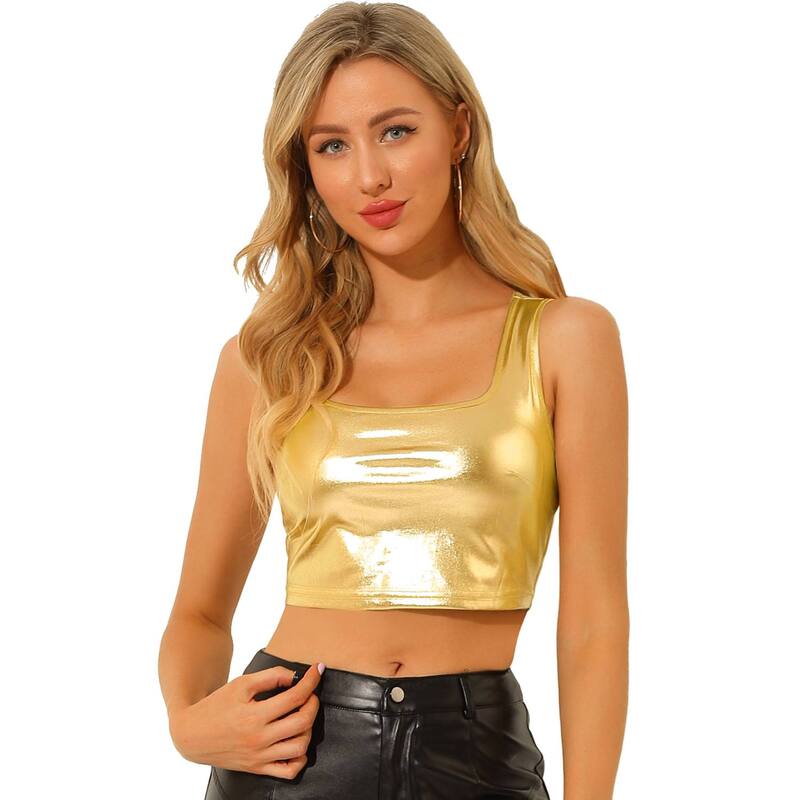 アレグラ ケー レディース トップス Tシャツ トール ノースリーブ ALLEGRA K Women's U Neck Sleeveless Party Clubwear Shiny Metallicrop Top Gold ゴールド｜ReVida 店 7,336円