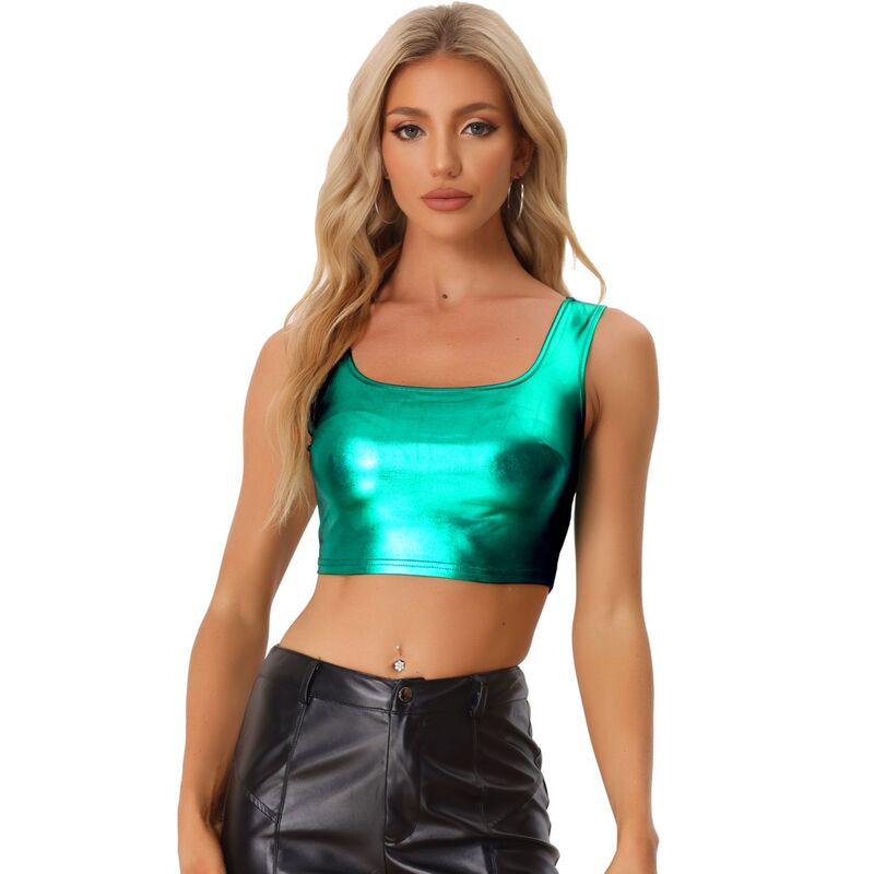 アレグラ ケー レディース トップス Tシャツ トール ノースリーブ ALLEGRA K Women's U Neck Sleeveless Party Clubwear Shiny Metallicrop Top Green グリーン｜ReVida 店