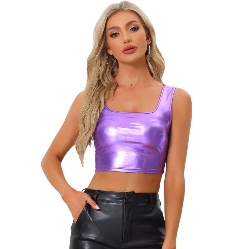 アレグラ ケー レディース トップス Tシャツ トール ノースリーブ ALLEGRA K Women's U Neck Sleeveless Party Clubwear Shiny Metallicrop Top Lavender ラベンダー|ReVida 店