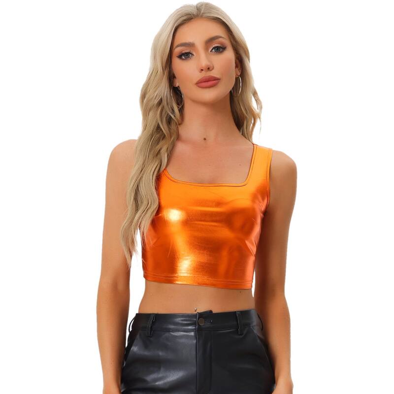 アレグラ ケー レディース トップス Tシャツ トール ノースリーブ ALLEGRA K Women's U Neck Sleeveless Party Clubwear Shiny Metallicrop Top Orange オレンジ｜ReVida 店