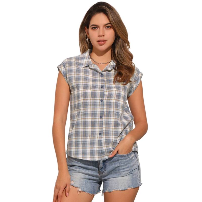 アレグラ ケー レディース トップス シャツ ボタンダウン キャップ ALLEGRA K Women's Point Collar Short Cap Sleeves Plaids Button Down Shirt Grey Blue グレー