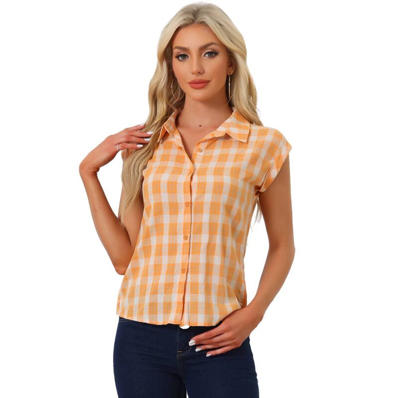 アレグラ ケー レディース トップス シャツ ボタンダウン キャップ ALLEGRA K Women Point Collar Short Cap Sleeves Plaids Button Down Shirt Orange オレンジ
