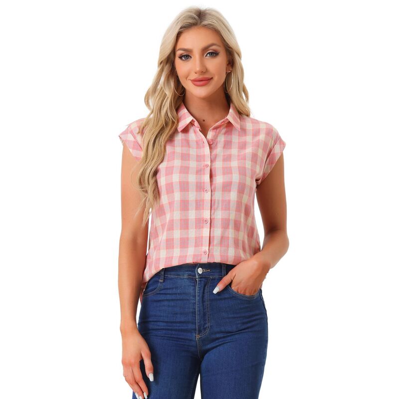 アレグラ ケー レディース トップス シャツ ボタンダウン キャップ ALLEGRA K Women's Point Collar Short Cap Sleeves Plaids Button Down Shirt Pink Beige ピンク|ReVida 店