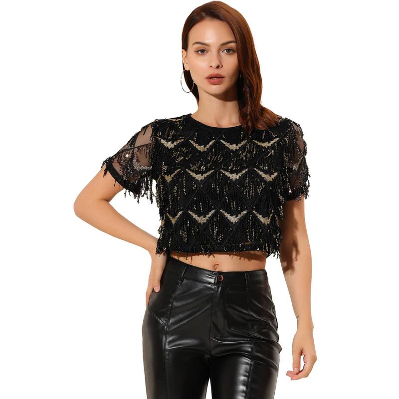 アレグラ ケー レディース トップス シャツ トール ALLEGRA K Women's Metallic Pattern Short Sleeves Party Crop T-shirt Black ブラック