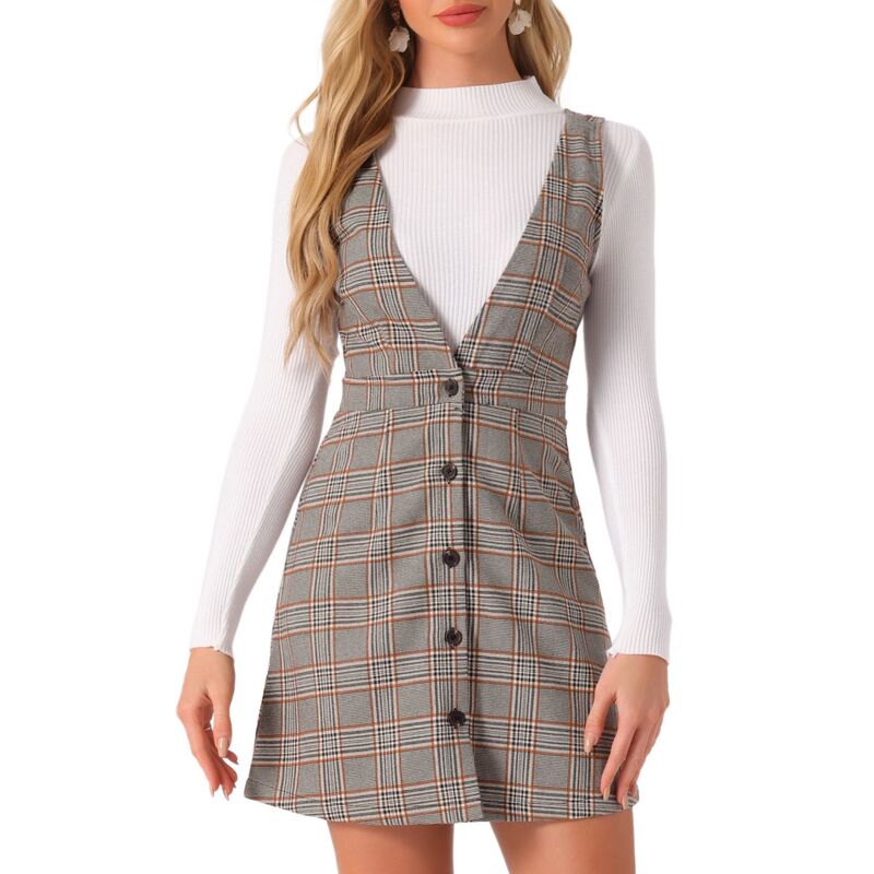 アレグラ ケー レディース トップス ワンピース オーバーオール ALLEGRA K Women's Overall Suspender Check Houndstooth Pinafore Dress Gray Brown グレー