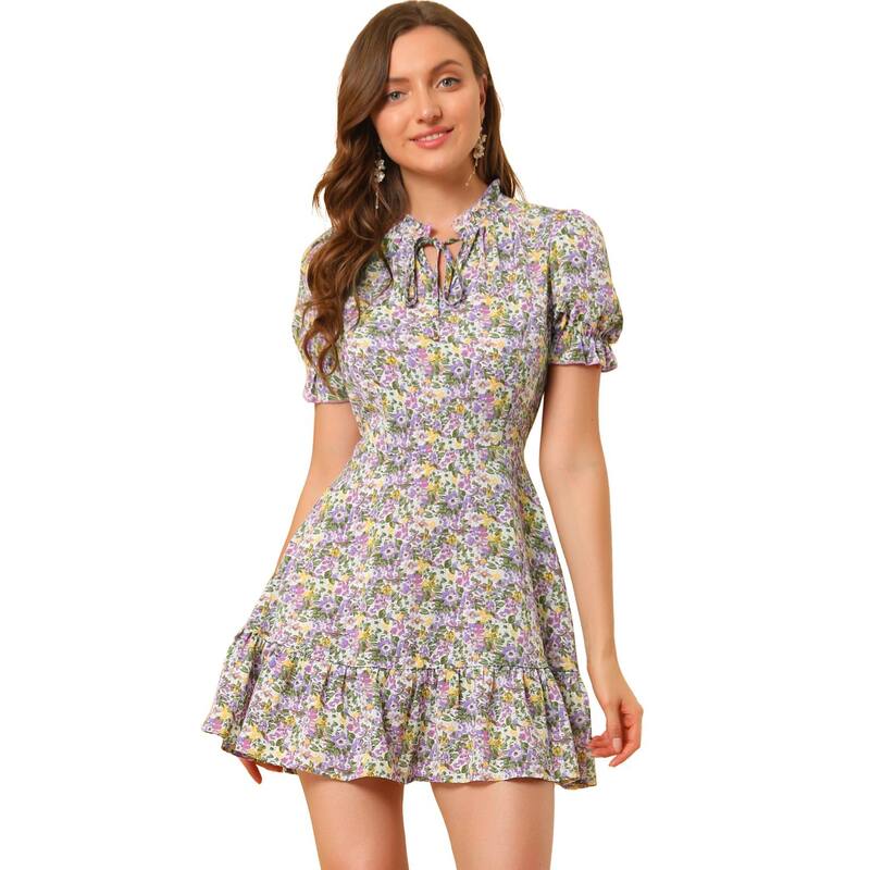 アレグラ ケー レディース トップス ワンピース シフォン フラワー柄 フリル フラワー ALLEGRA K Women Ruffle Floral Bow Tie Chiffon Short Sleeve Fit \u0026 Flare Dress Purple パープル