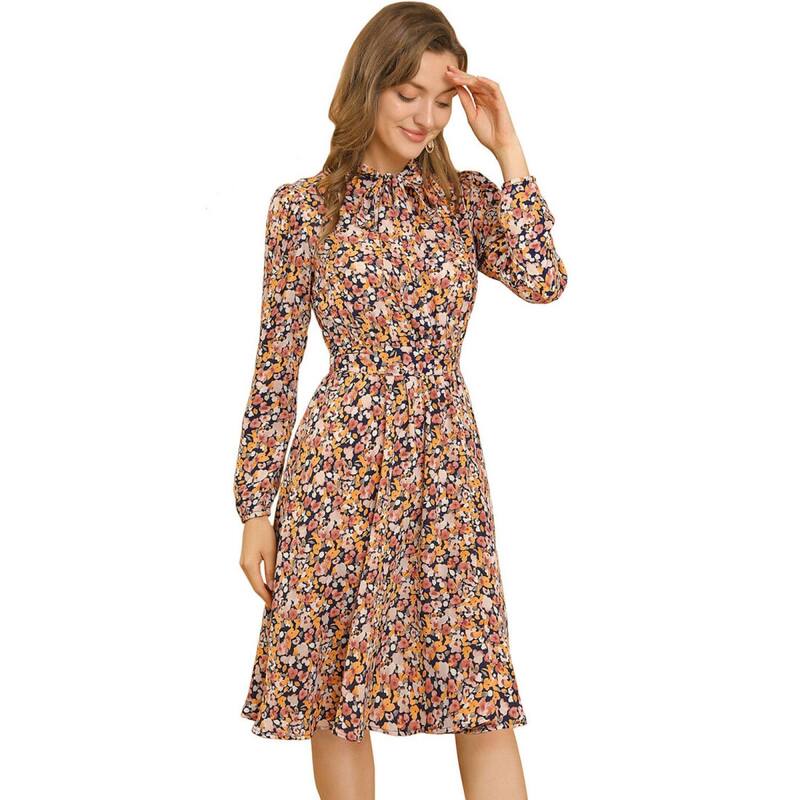 アレグラ ケー レディース トップス 衣装 ヴィンテージ シフォン お花柄 刷り上げる お花 ALLEGRA K Women\u0027s Tie Neck Chiffon Long Sleeves Vintage Floral Print Beltedress Yellow 黄み レディースファッション-ワンピース