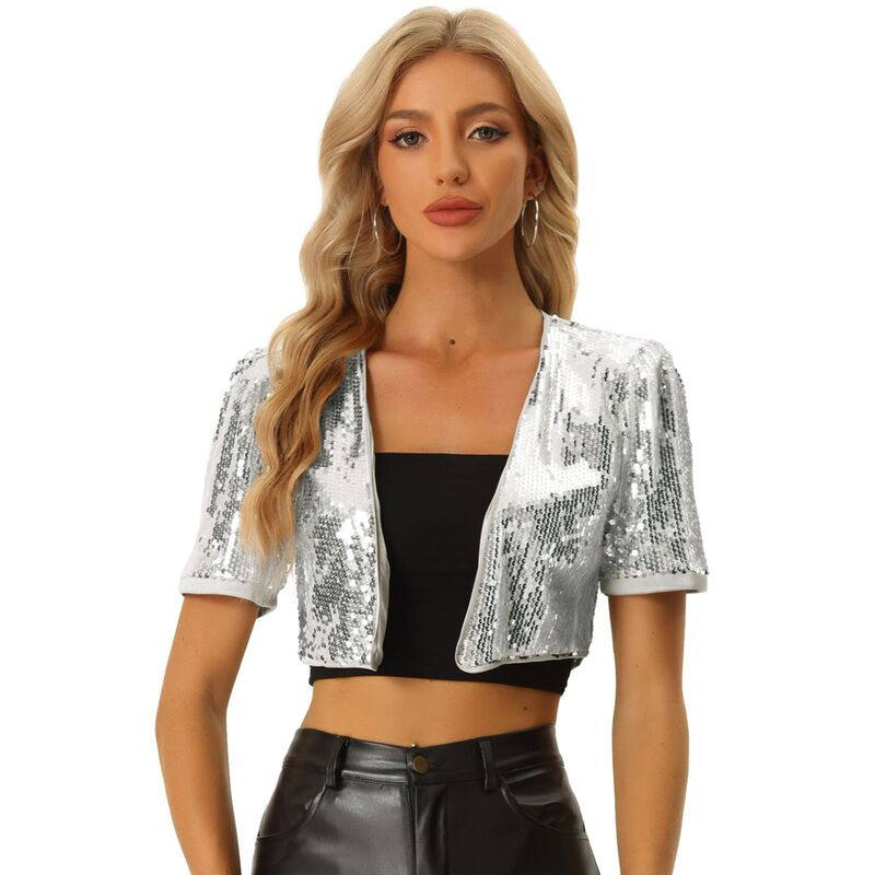 アレグラ ケー レディース アウター 上衣・上衣 スパンコール クロップド ALLEGRA K Sequin Shrug For Women\u0027short Sleeve Open Front Glitter Cropped Jacketsilver しろがね色
