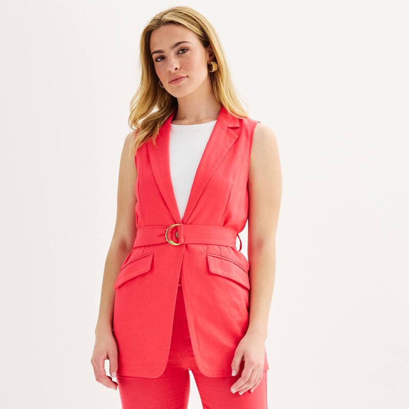 エレントレイシー レディース アウター 上衣・上衣 ノースリーブなめし革 リネン Women\u0027s Ellen Tracy Belted Sleeveless Linen Blazer Geranium Pink サクラ色
