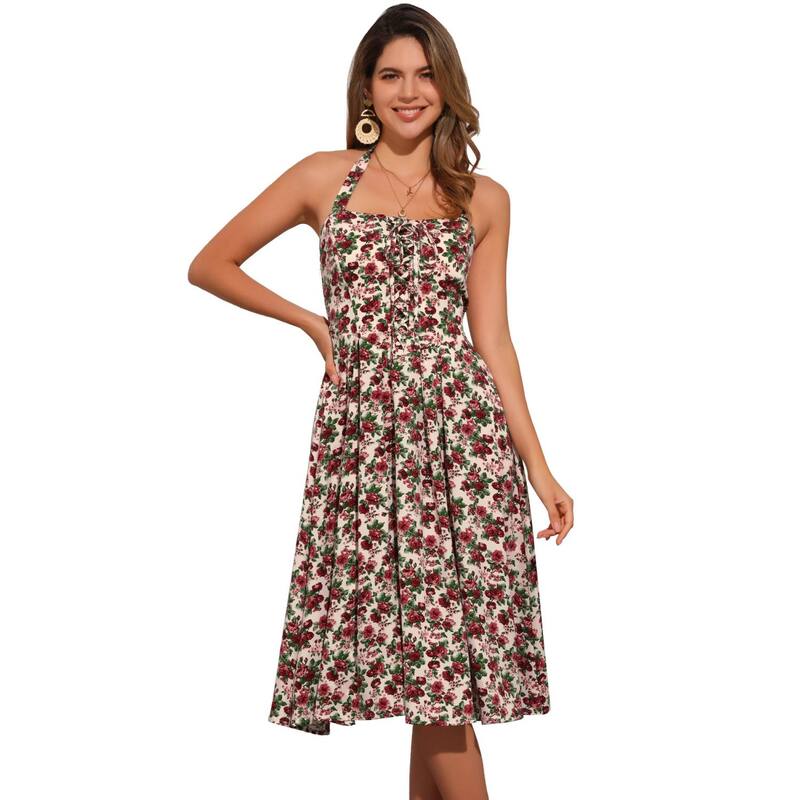 アレグラ ケー レディース トップス ワンピース フラワー柄 ミディ ノースリーブ レース フラワー ホルター ALLEGRA K Halter Neck Floral Dress for Women'summer Sundressleeveless Lace Up Midi Dresses Beige Rose ベージュ|ReVida 店