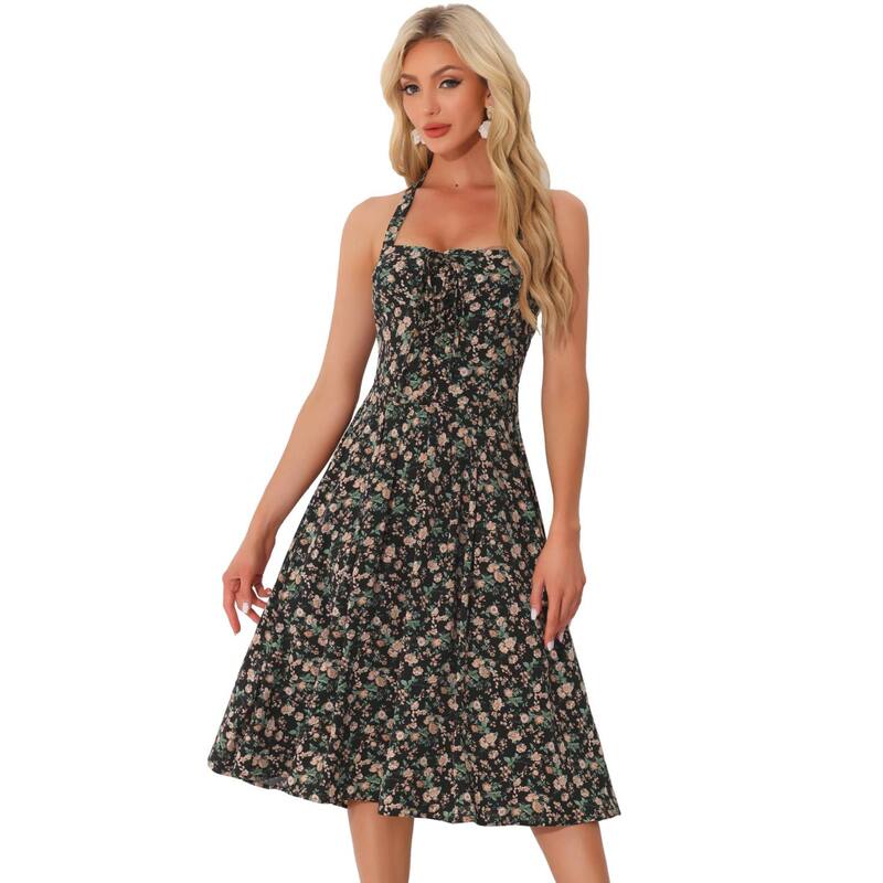 アレグラ ケー レディース トップス ワンピース フラワー柄 ミディ ノースリーブ レース フラワー ホルター ALLEGRA K Halter Neck Floral Dress for Women'summer Sundressleeveless Lace Up Midi Dresses Black ブラック｜ReVida 店