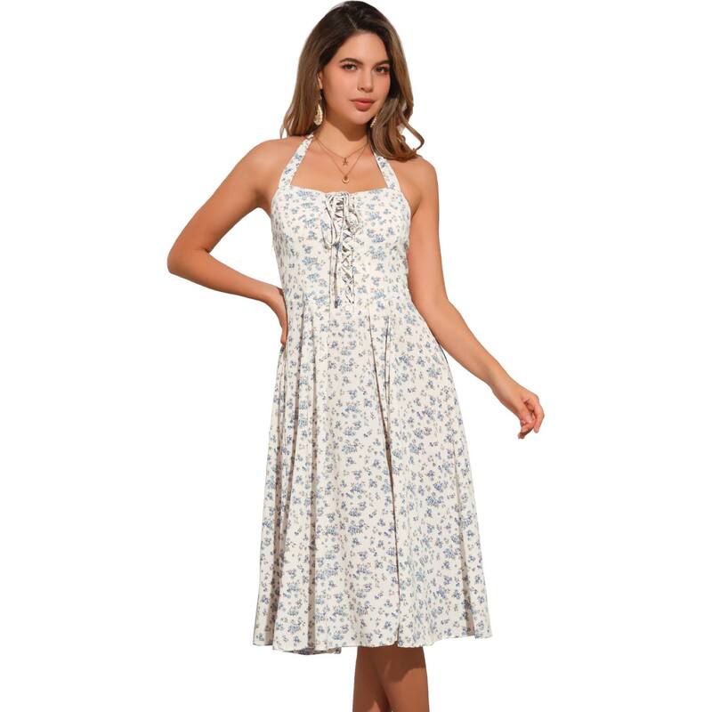 アレグラ ケー レディース トップス ワンピース フラワー柄 ミディ ノースリーブ レース フラワー ホルター ALLEGRA K Halter Neck Floral Dress for Women'summer Sundressleeveless Lace Up Midi Dresses White Blue ホワイト｜ReVida 店
