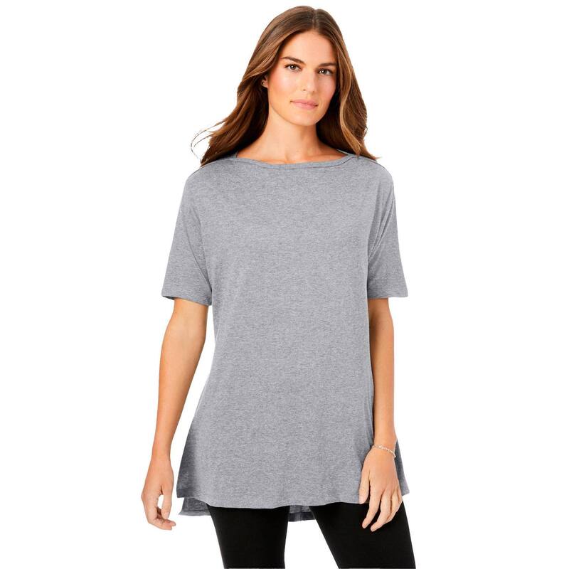 ウーマン ウィズイン レディース トップス Tシャツ プラスサイズ 半袖 Woman Within Plusize Perfect Short-Sleeve Boatneck Tunic Heather Grey グレー